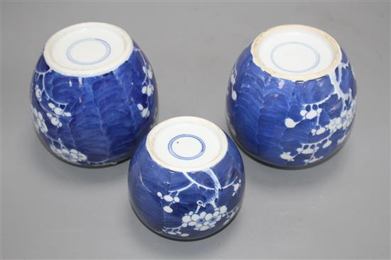 Three Chinese blue and white prunus jars, early 20th century, H. 9 -12.5cm